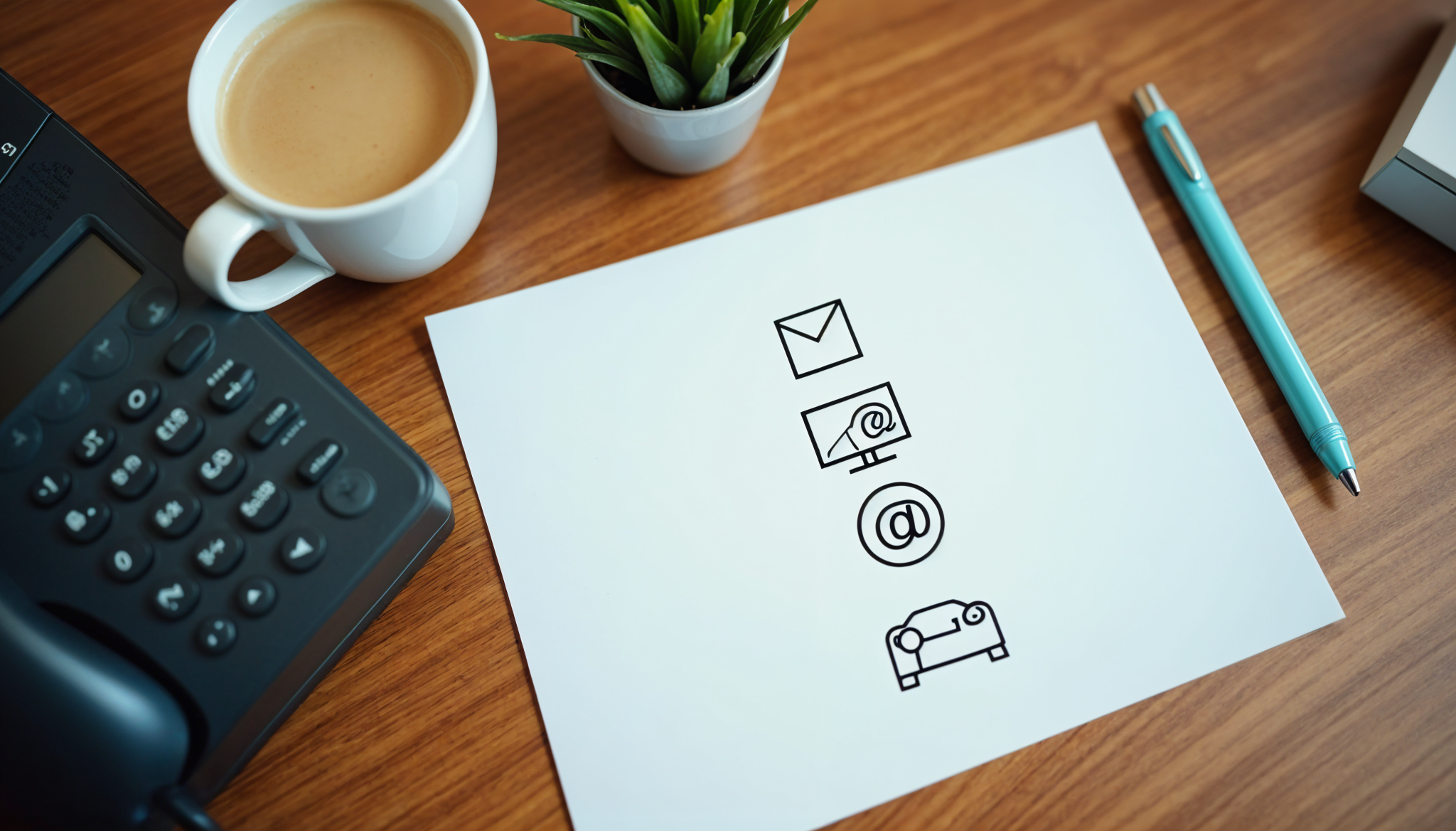 Bureau avec téléphone, café, plante et crayon