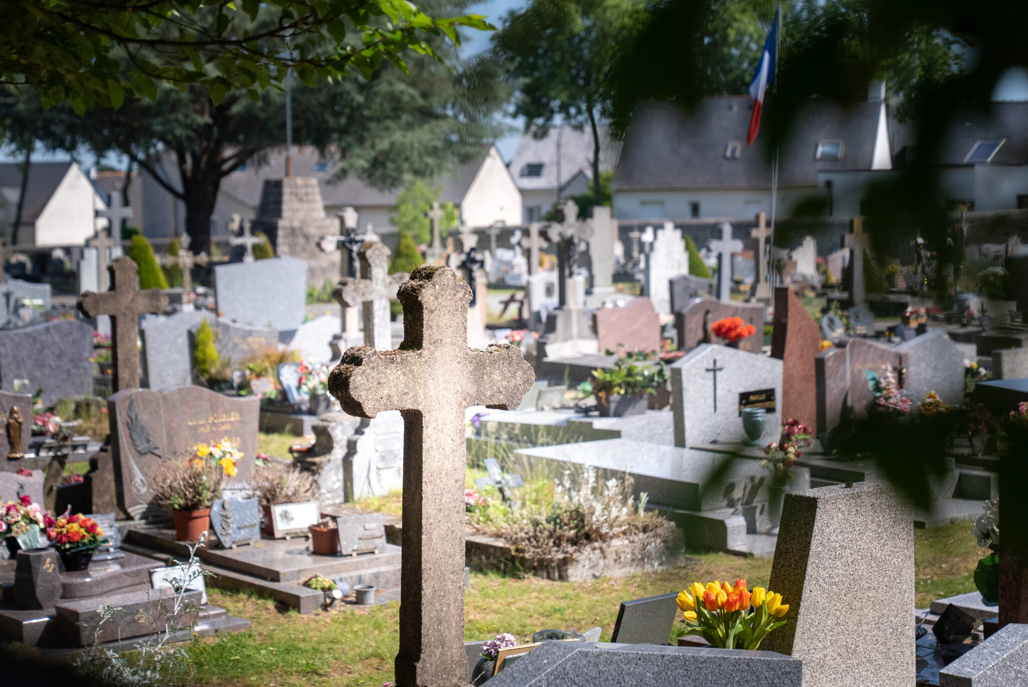 Cimetière paisible avec tombes et fleurs colorées.